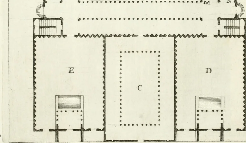An illustration from I quattro libri dell'architettura di Andrea Palladio : ne quali dopo un breve trattato de' cinque ordini, e di quelli avvertimenti, che sono più necessarj nel fabbricare : si tratta delle case private, delle vie, dei ponti, delle piazze, dei xisti, e dei tempj, 1790, leaf 294
