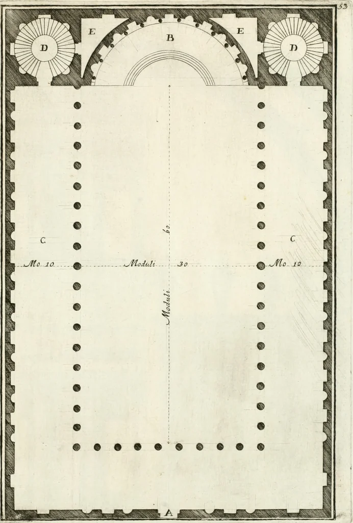 An illustration from I quattro libri dell'architettura di Andrea Palladio : ne quali dopo un breve trattato de' cinque ordini, e di quelli avvertimenti, che sono più necessarj nel fabbricare : si tratta delle case private, delle vie, dei ponti, delle piazze, dei xisti, e dei tempj, 1790, leaf 302