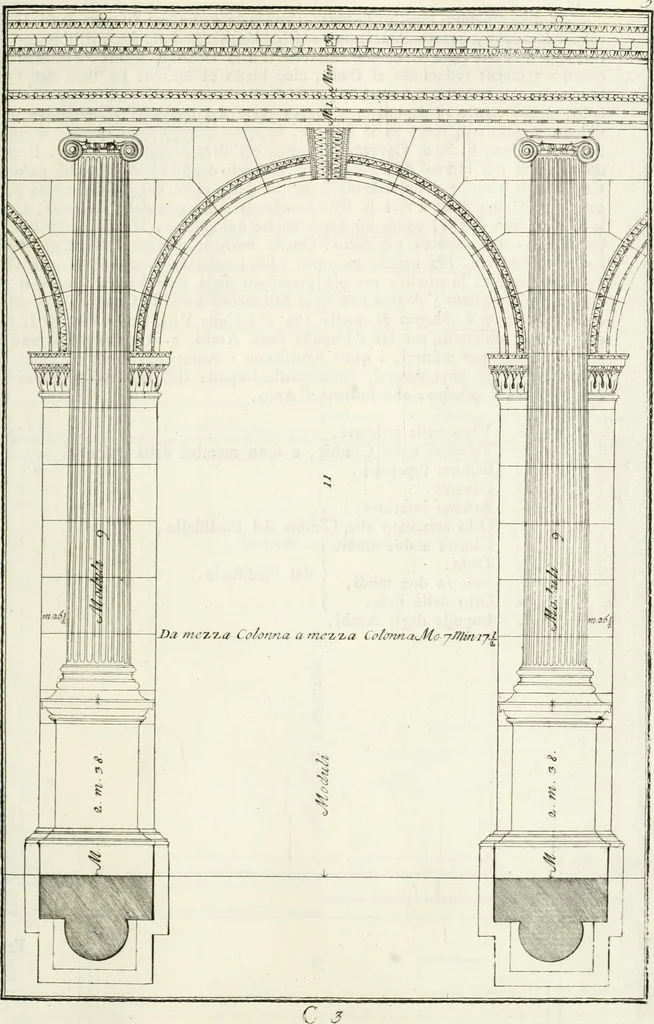 An illustration from I quattro libri dell'architettura di Andrea Palladio : ne quali dopo un breve trattato de' cinque ordini, e di quelli avvertimenti, che sono più necessarj nel fabbricare : si tratta delle case private, delle vie, dei ponti, delle piazze, dei xisti, e dei tempj, 1790, leaf 44