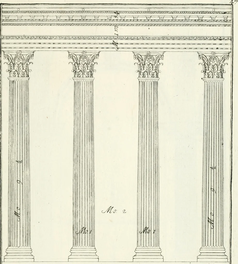 An illustration from I quattro libri dell'architettura di Andrea Palladio : ne quali dopo un breve trattato de' cinque ordini, e di quelli avvertimenti, che sono più necessarj nel fabbricare : si tratta delle case private, delle vie, dei ponti, delle piazze, dei xisti, e dei tempj, 1790, leaf 54