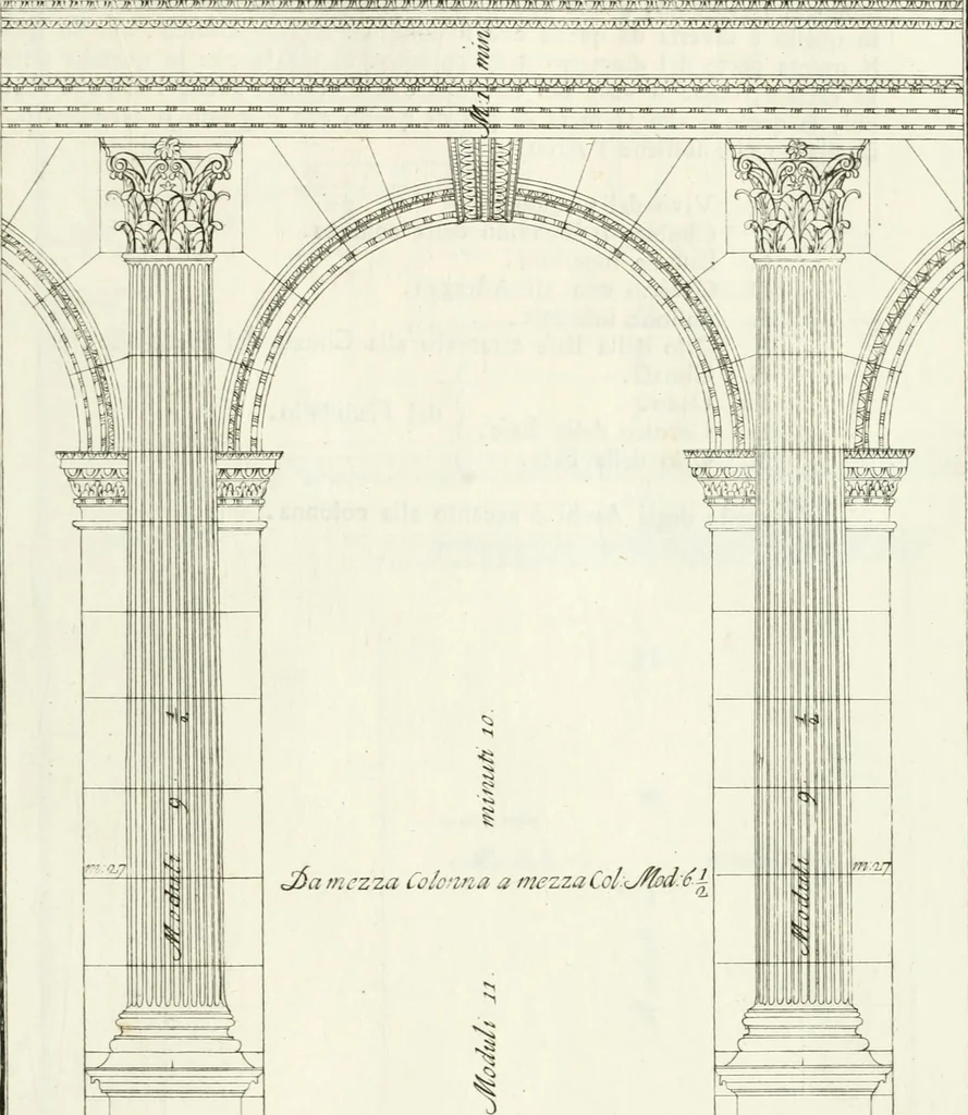 An illustration from I quattro libri dell'architettura di Andrea Palladio : ne quali dopo un breve trattato de' cinque ordini, e di quelli avvertimenti, che sono più necessarj nel fabbricare : si tratta delle case private, delle vie, dei ponti, delle piazze, dei xisti, e dei tempj, 1790, leaf 56