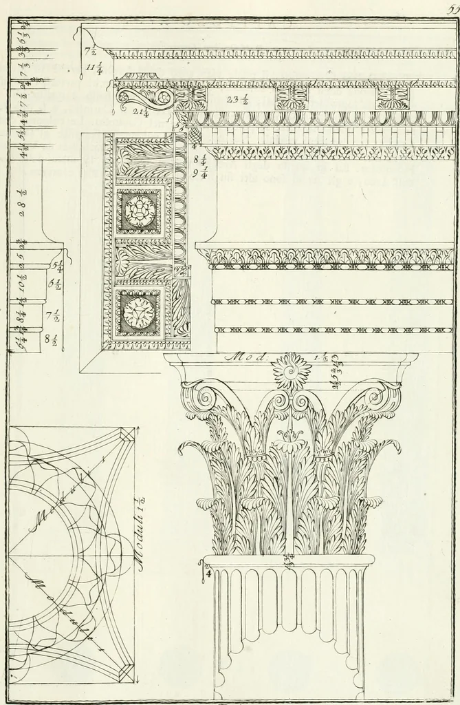 An illustration from I quattro libri dell'architettura di Andrea Palladio : ne quali dopo un breve trattato de' cinque ordini, e di quelli avvertimenti, che sono più necessarj nel fabbricare : si tratta delle case private, delle vie, dei ponti, delle piazze, dei xisti, e dei tempj, 1790, leaf 62