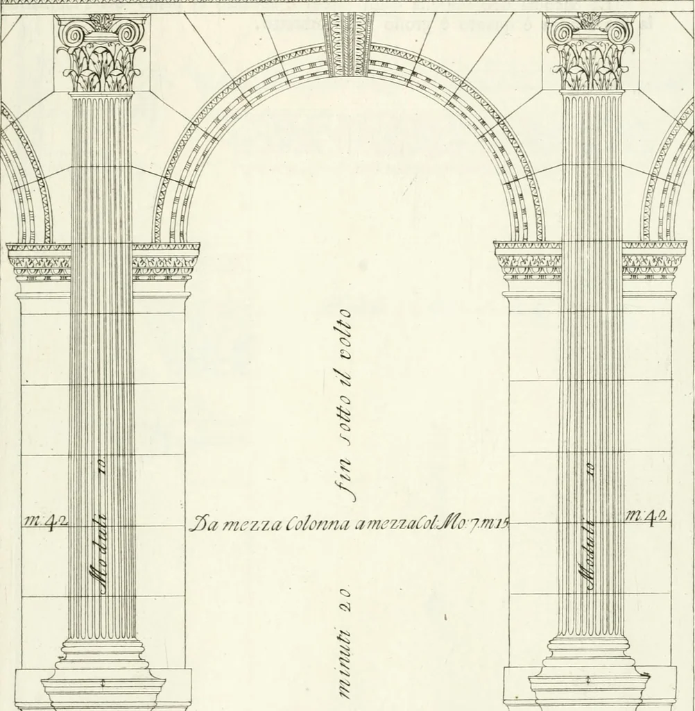 An illustration from I quattro libri dell'architettura di Andrea Palladio : ne quali dopo un breve trattato de' cinque ordini, e di quelli avvertimenti, che sono più necessarj nel fabbricare : si tratta delle case private, delle vie, dei ponti, delle piazze, dei xisti, e dei tempj, 1790, leaf 66