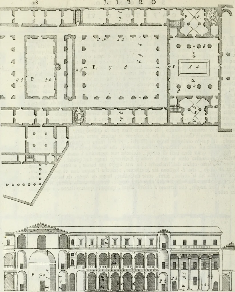An illustration from I qvattro libri dell'architettvra di Andrea Palladio : ne' quali, dopo un breue trattato de' cinque ordini, & di quelli auertimenti, che sono piu necessarii nel fabricare; si tratta delle case private, delle vie, de i ponti, delle piazze, de i xisti, et de' tempij, 1771, leaf 101
