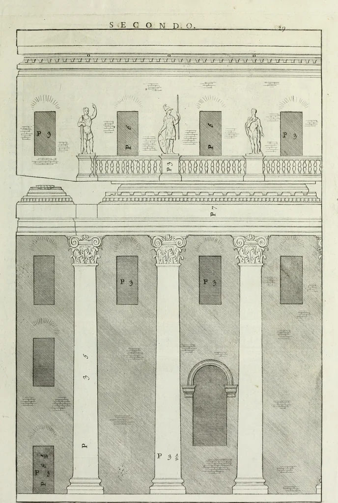 An illustration from I qvattro libri dell'architettvra di Andrea Palladio : ne' quali, dopo un breue trattato de' cinque ordini, & di quelli auertimenti, che sono piu necessarii nel fabricare; si tratta delle case private, delle vie, de i ponti, delle piazze, de i xisti, et de' tempij, 1771, leaf 102