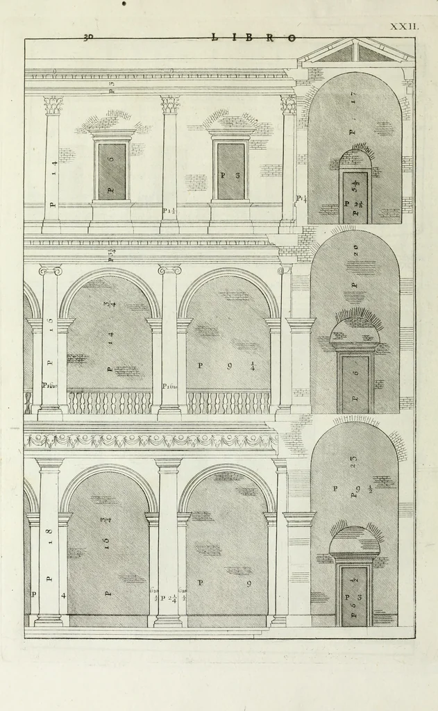An illustration from I qvattro libri dell'architettvra di Andrea Palladio : ne' quali, dopo un breue trattato de' cinque ordini, & di quelli auertimenti, che sono piu necessarii nel fabricare; si tratta delle case private, delle vie, de i ponti, delle piazze, de i xisti, et de' tempij, 1771, leaf 103