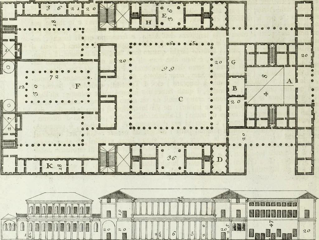 An illustration from I qvattro libri dell'architettvra di Andrea Palladio : ne' quali, dopo un breue trattato de' cinque ordini, & di quelli auertimenti, che sono piu necessarii nel fabricare; si tratta delle case private, delle vie, de i ponti, delle piazze, de i xisti, et de' tempij, 1771, leaf 105