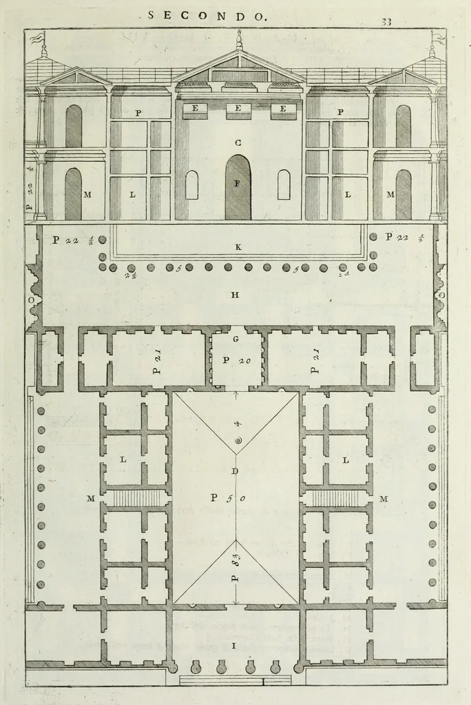 An illustration from I qvattro libri dell'architettvra di Andrea Palladio : ne' quali, dopo un breue trattato de' cinque ordini, & di quelli auertimenti, che sono piu necessarii nel fabricare; si tratta delle case private, delle vie, de i ponti, delle piazze, de i xisti, et de' tempij, 1771, leaf 106