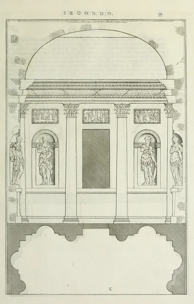An illustration from I qvattro libri dell'architettvra di Andrea Palladio : ne' quali, dopo un breue trattato de' cinque ordini, & di quelli auertimenti, che sono piu necessarii nel fabricare; si tratta delle case private, delle vie, de i ponti, delle piazze, de i xisti, et de' tempij, 1771, leaf 110