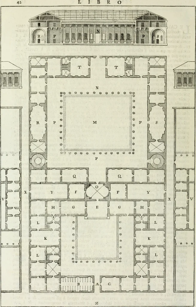 An illustration from I qvattro libri dell'architettvra di Andrea Palladio : ne' quali, dopo un breue trattato de' cinque ordini, & di quelli auertimenti, che sono piu necessarii nel fabricare; si tratta delle case private, delle vie, de i ponti, delle piazze, de i xisti, et de' tempij, 1771, leaf 115