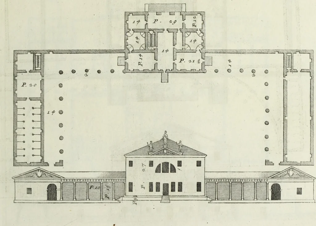 An illustration from I qvattro libri dell'architettvra di Andrea Palladio : ne' quali, dopo un breue trattato de' cinque ordini, & di quelli auertimenti, che sono piu necessarii nel fabricare; si tratta delle case private, delle vie, de i ponti, delle piazze, de i xisti, et de' tempij, 1771, leaf 120