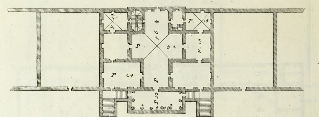 An illustration from I qvattro libri dell'architettvra di Andrea Palladio : ne' quali, dopo un breue trattato de' cinque ordini, & di quelli auertimenti, che sono piu necessarii nel fabricare; si tratta delle case private, delle vie, de i ponti, delle piazze, de i xisti, et de' tempij, 1771, leaf 121