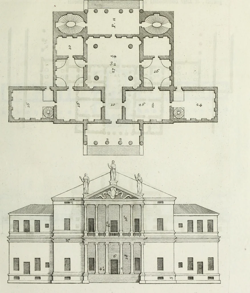 An illustration from I qvattro libri dell'architettvra di Andrea Palladio : ne' quali, dopo un breue trattato de' cinque ordini, & di quelli auertimenti, che sono piu necessarii nel fabricare; si tratta delle case private, delle vie, de i ponti, delle piazze, de i xisti, et de' tempij, 1771, leaf 124
