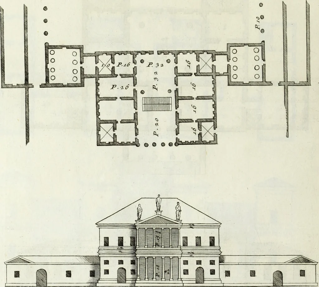 An illustration from I qvattro libri dell'architettvra di Andrea Palladio : ne' quali, dopo un breue trattato de' cinque ordini, & di quelli auertimenti, che sono piu necessarii nel fabricare; si tratta delle case private, delle vie, de i ponti, delle piazze, de i xisti, et de' tempij, 1771, leaf 125