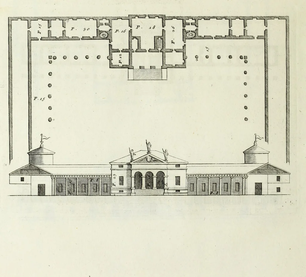 An illustration from I qvattro libri dell'architettvra di Andrea Palladio : ne' quali, dopo un breue trattato de' cinque ordini, & di quelli auertimenti, che sono piu necessarii nel fabricare; si tratta delle case private, delle vie, de i ponti, delle piazze, de i xisti, et de' tempij, 1771, leaf 127