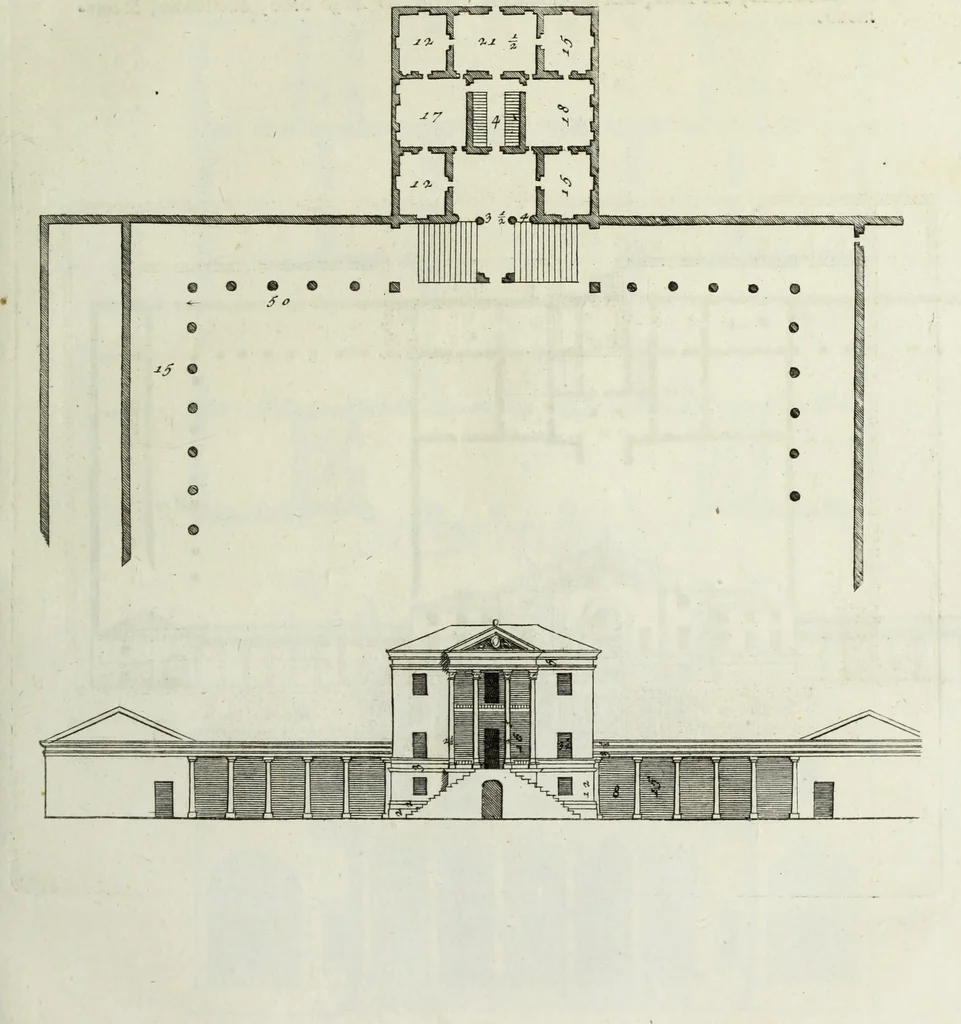 An illustration from I qvattro libri dell'architettvra di Andrea Palladio : ne' quali, dopo un breue trattato de' cinque ordini, & di quelli auertimenti, che sono piu necessarii nel fabricare; si tratta delle case private, delle vie, de i ponti, delle piazze, de i xisti, et de' tempij, 1771, leaf 128