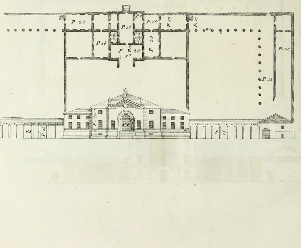 An illustration from I qvattro libri dell'architettvra di Andrea Palladio : ne' quali, dopo un breue trattato de' cinque ordini, & di quelli auertimenti, che sono piu necessarii nel fabricare; si tratta delle case private, delle vie, de i ponti, delle piazze, de i xisti, et de' tempij, 1771, leaf 129