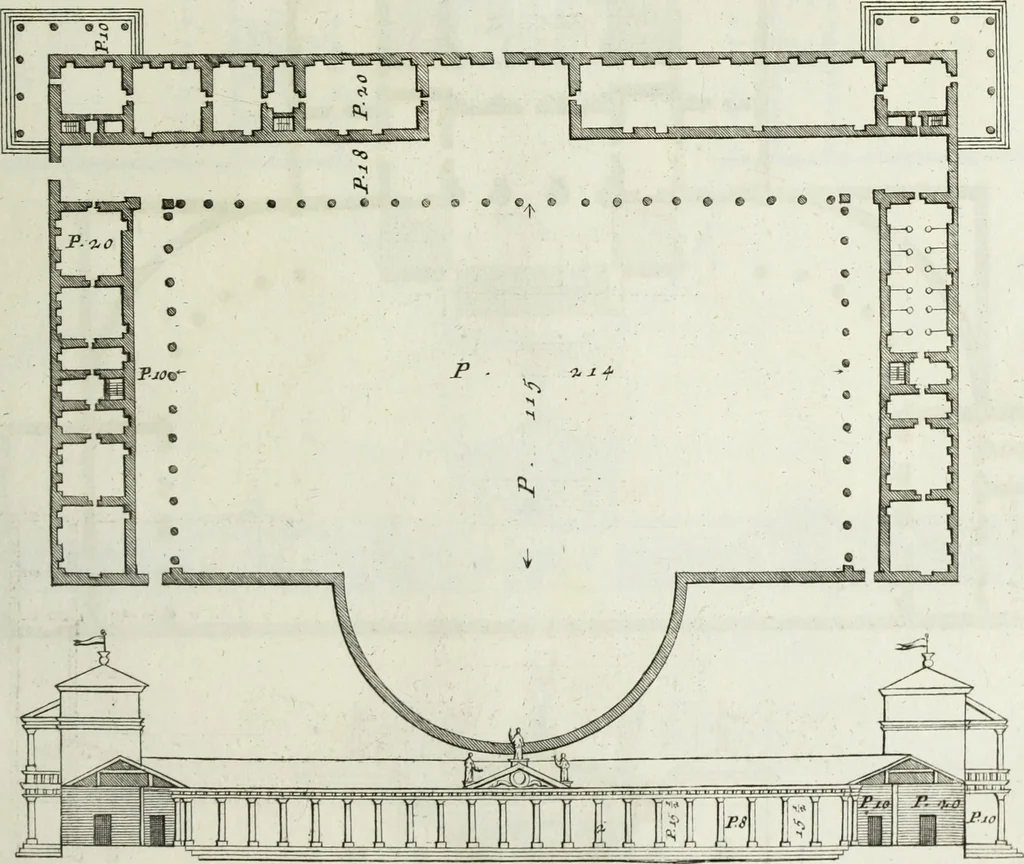 An illustration from I qvattro libri dell'architettvra di Andrea Palladio : ne' quali, dopo un breue trattato de' cinque ordini, & di quelli auertimenti, che sono piu necessarii nel fabricare; si tratta delle case private, delle vie, de i ponti, delle piazze, de i xisti, et de' tempij, 1771, leaf 132