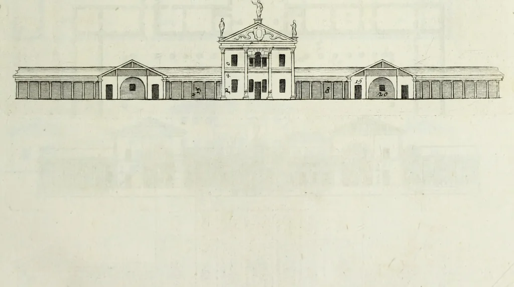 An illustration from I qvattro libri dell'architettvra di Andrea Palladio : ne' quali, dopo un breue trattato de' cinque ordini, & di quelli auertimenti, che sono piu necessarii nel fabricare; si tratta delle case private, delle vie, de i ponti, delle piazze, de i xisti, et de' tempij, 1771, leaf 134