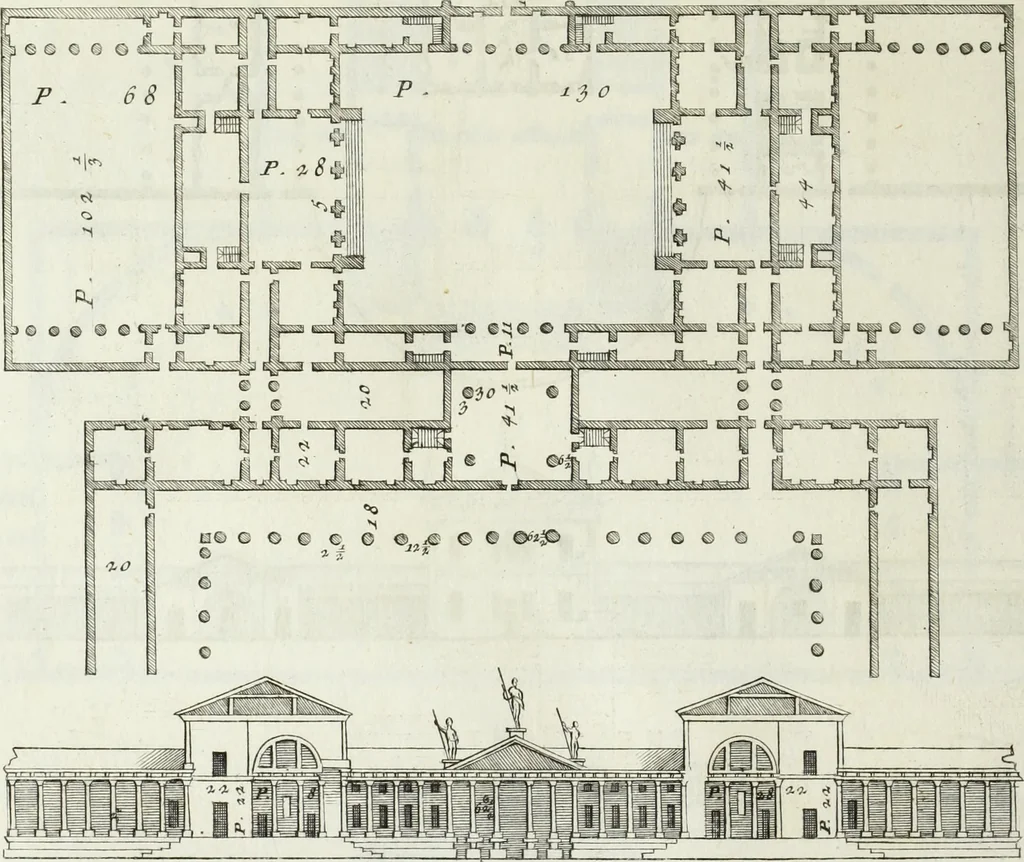 An illustration from I qvattro libri dell'architettvra di Andrea Palladio : ne' quali, dopo un breue trattato de' cinque ordini, & di quelli auertimenti, che sono piu necessarii nel fabricare; si tratta delle case private, delle vie, de i ponti, delle piazze, de i xisti, et de' tempij, 1771, leaf 135