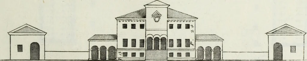 An illustration from I qvattro libri dell'architettvra di Andrea Palladio : ne' quali, dopo un breue trattato de' cinque ordini, & di quelli auertimenti, che sono piu necessarii nel fabricare; si tratta delle case private, delle vie, de i ponti, delle piazze, de i xisti, et de' tempij, 1771, leaf 136