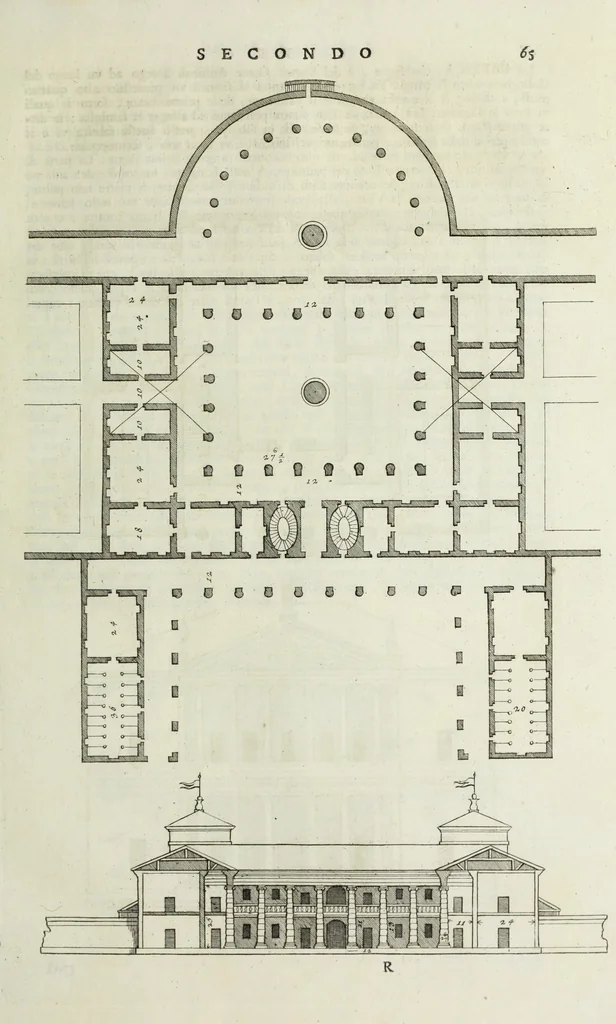 An illustration from I qvattro libri dell'architettvra di Andrea Palladio : ne' quali, dopo un breue trattato de' cinque ordini, & di quelli auertimenti, che sono piu necessarii nel fabricare; si tratta delle case private, delle vie, de i ponti, delle piazze, de i xisti, et de' tempij, 1771, leaf 138