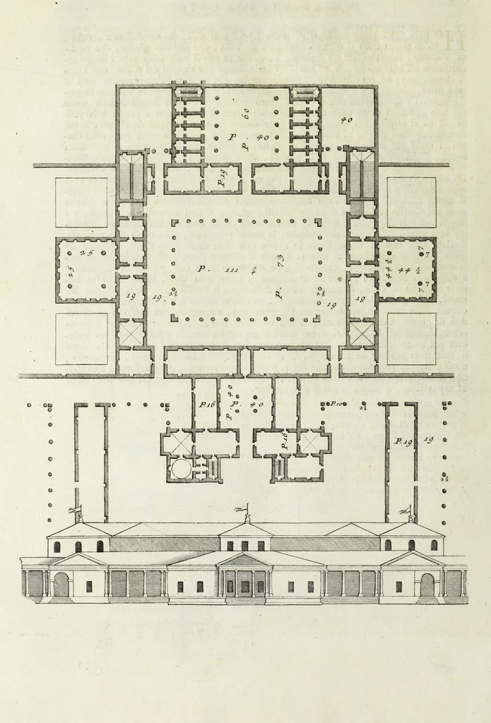 An illustration from I qvattro libri dell'architettvra di Andrea Palladio : ne' quali, dopo un breue trattato de' cinque ordini, & di quelli auertimenti, che sono piu necessarii nel fabricare; si tratta delle case private, delle vie, de i ponti, delle piazze, de i xisti, et de' tempij, 1771, leaf 141