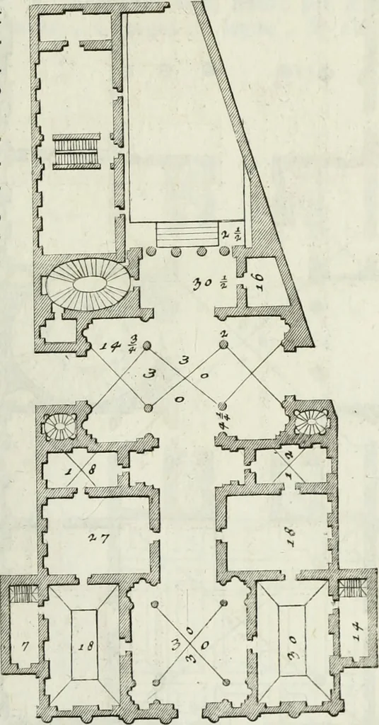 An illustration from I qvattro libri dell'architettvra di Andrea Palladio : ne' quali, dopo un breue trattato de' cinque ordini, & di quelli auertimenti, che sono piu necessarii nel fabricare; si tratta delle case private, delle vie, de i ponti, delle piazze, de i xisti, et de' tempij, 1771, leaf 142