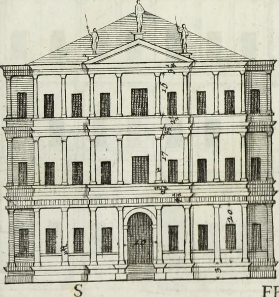 An illustration from I qvattro libri dell'architettvra di Andrea Palladio : ne' quali, dopo un breue trattato de' cinque ordini, & di quelli auertimenti, che sono piu necessarii nel fabricare; si tratta delle case private, delle vie, de i ponti, delle piazze, de i xisti, et de' tempij, 1771, leaf 142