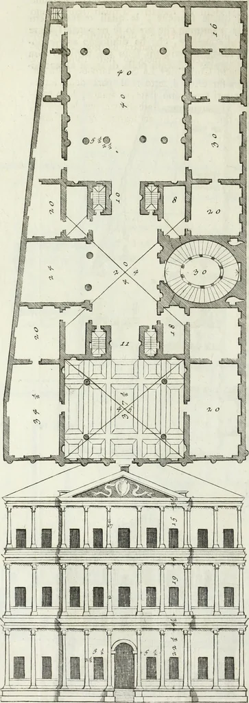An illustration from I qvattro libri dell'architettvra di Andrea Palladio : ne' quali, dopo un breue trattato de' cinque ordini, & di quelli auertimenti, che sono piu necessarii nel fabricare; si tratta delle case private, delle vie, de i ponti, delle piazze, de i xisti, et de' tempij, 1771, leaf 143