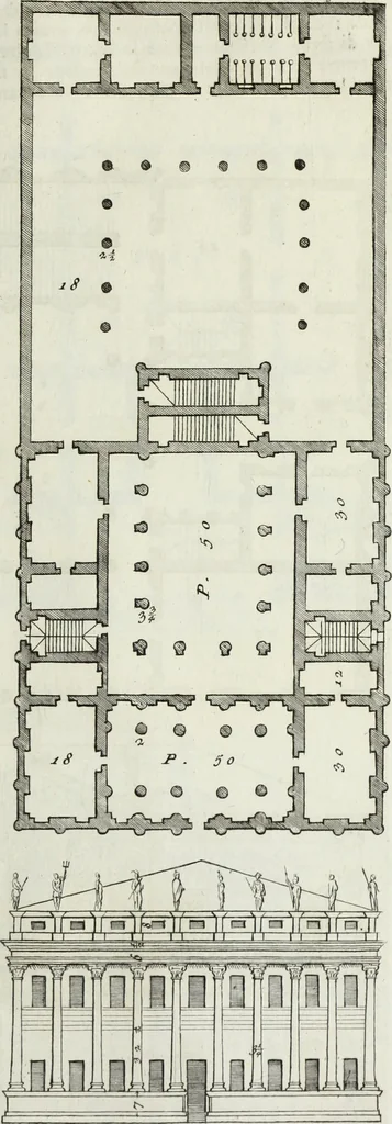 An illustration from I qvattro libri dell'architettvra di Andrea Palladio : ne' quali, dopo un breue trattato de' cinque ordini, & di quelli auertimenti, che sono piu necessarii nel fabricare; si tratta delle case private, delle vie, de i ponti, delle piazze, de i xisti, et de' tempij, 1771, leaf 146