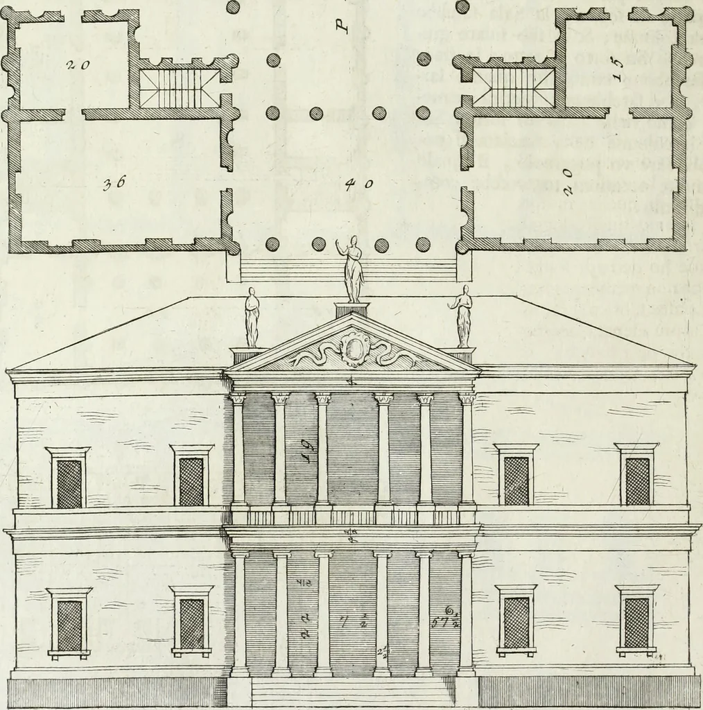 An illustration from I qvattro libri dell'architettvra di Andrea Palladio : ne' quali, dopo un breue trattato de' cinque ordini, & di quelli auertimenti, che sono piu necessarii nel fabricare; si tratta delle case private, delle vie, de i ponti, delle piazze, de i xisti, et de' tempij, 1771, leaf 147