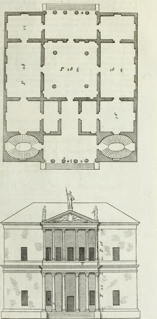 An illustration from I qvattro libri dell'architettvra di Andrea Palladio : ne' quali, dopo un breue trattato de' cinque ordini, & di quelli auertimenti, che sono piu necessarii nel fabricare; si tratta delle case private, delle vie, de i ponti, delle piazze, de i xisti, et de' tempij, 1771, leaf 148