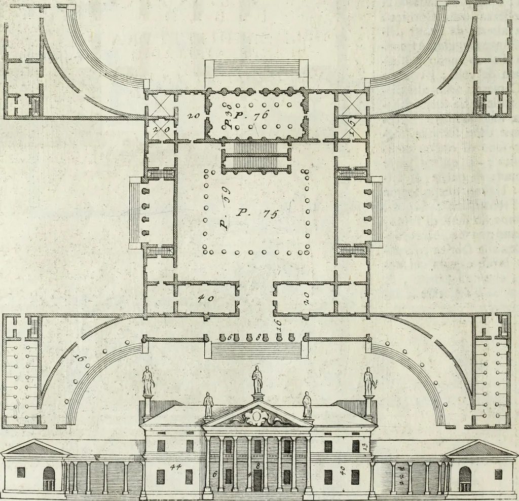 An illustration from I qvattro libri dell'architettvra di Andrea Palladio : ne' quali, dopo un breue trattato de' cinque ordini, & di quelli auertimenti, che sono piu necessarii nel fabricare; si tratta delle case private, delle vie, de i ponti, delle piazze, de i xisti, et de' tempij, 1771, leaf 149