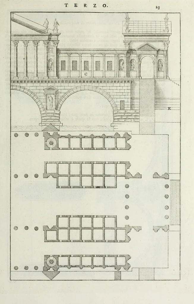 An illustration from I qvattro libri dell'architettvra di Andrea Palladio : ne' quali, dopo un breue trattato de' cinque ordini, & di quelli auertimenti, che sono piu necessarii nel fabricare; si tratta delle case private, delle vie, de i ponti, delle piazze, de i xisti, et de' tempij, 1771, leaf 176