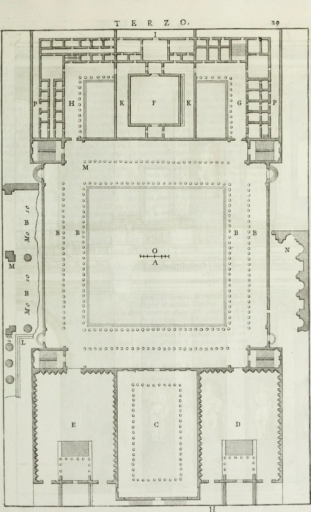 An illustration from I qvattro libri dell'architettvra di Andrea Palladio : ne' quali, dopo un breue trattato de' cinque ordini, & di quelli auertimenti, che sono piu necessarii nel fabricare; si tratta delle case private, delle vie, de i ponti, delle piazze, de i xisti, et de' tempij, 1771, leaf 182