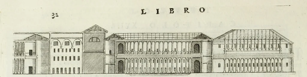 An illustration from I qvattro libri dell'architettvra di Andrea Palladio : ne' quali, dopo un breue trattato de' cinque ordini, & di quelli auertimenti, che sono piu necessarii nel fabricare; si tratta delle case private, delle vie, de i ponti, delle piazze, de i xisti, et de' tempij, 1771, leaf 185