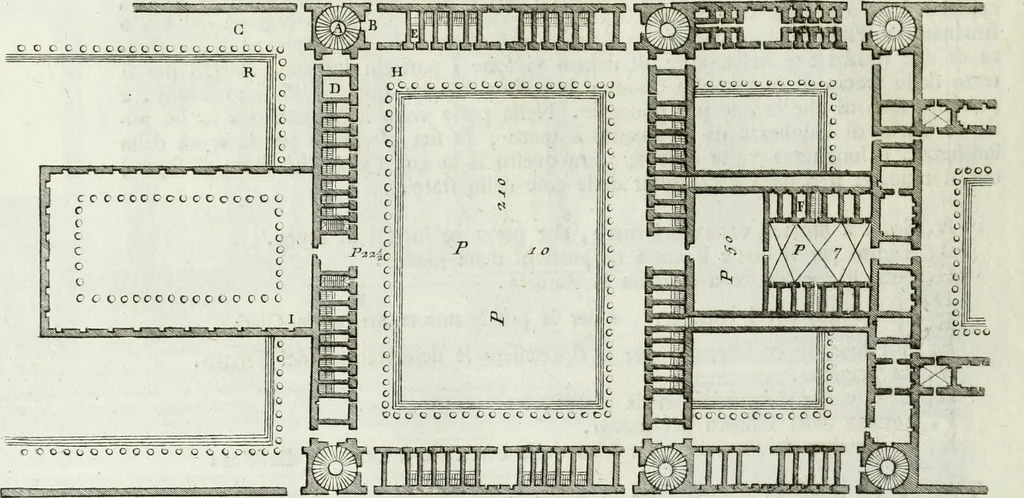 An illustration from I qvattro libri dell'architettvra di Andrea Palladio : ne' quali, dopo un breue trattato de' cinque ordini, & di quelli auertimenti, che sono piu necessarii nel fabricare; si tratta delle case private, delle vie, de i ponti, delle piazze, de i xisti, et de' tempij, 1771, leaf 185