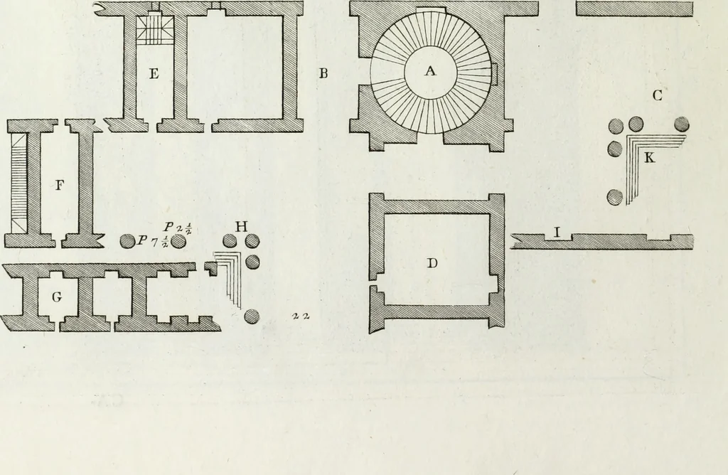 An illustration from I qvattro libri dell'architettvra di Andrea Palladio : ne' quali, dopo un breue trattato de' cinque ordini, & di quelli auertimenti, che sono piu necessarii nel fabricare; si tratta delle case private, delle vie, de i ponti, delle piazze, de i xisti, et de' tempij, 1771, leaf 185