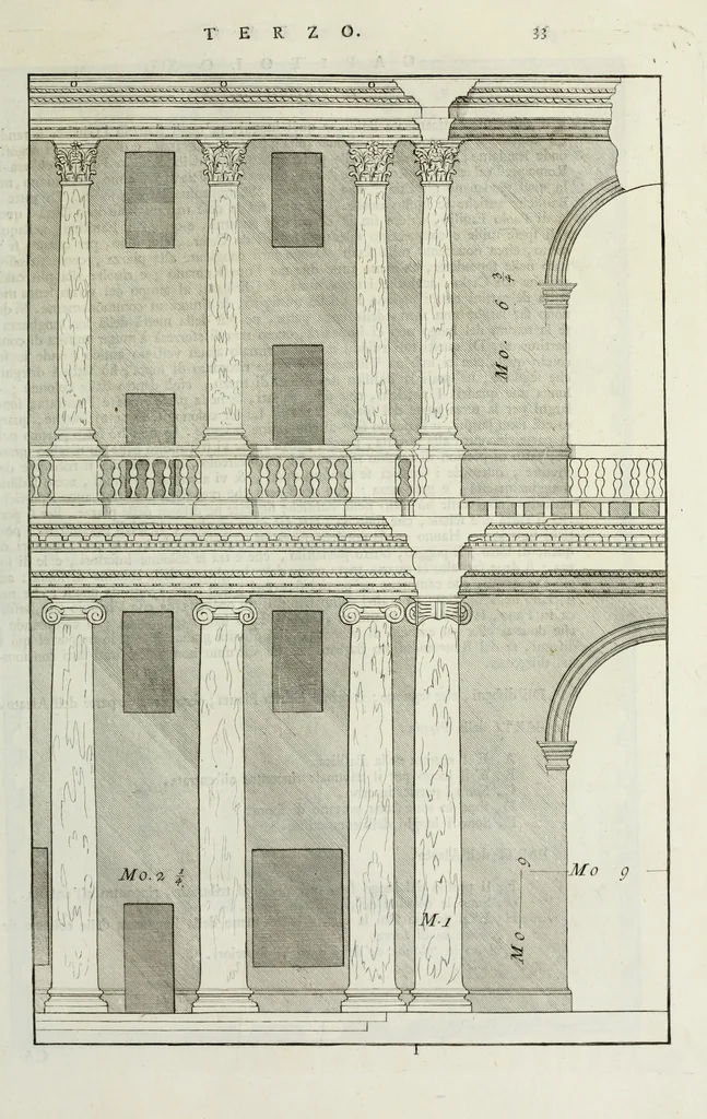 An illustration from I qvattro libri dell'architettvra di Andrea Palladio : ne' quali, dopo un breue trattato de' cinque ordini, & di quelli auertimenti, che sono piu necessarii nel fabricare; si tratta delle case private, delle vie, de i ponti, delle piazze, de i xisti, et de' tempij, 1771, leaf 186