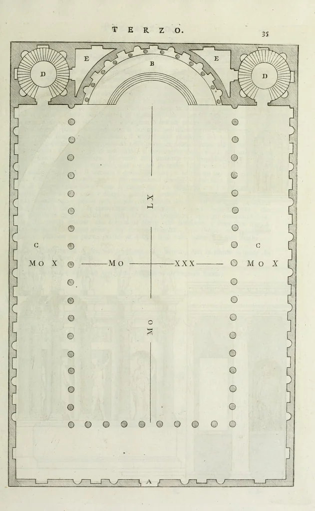 An illustration from I qvattro libri dell'architettvra di Andrea Palladio : ne' quali, dopo un breue trattato de' cinque ordini, & di quelli auertimenti, che sono piu necessarii nel fabricare; si tratta delle case private, delle vie, de i ponti, delle piazze, de i xisti, et de' tempij, 1771, leaf 188