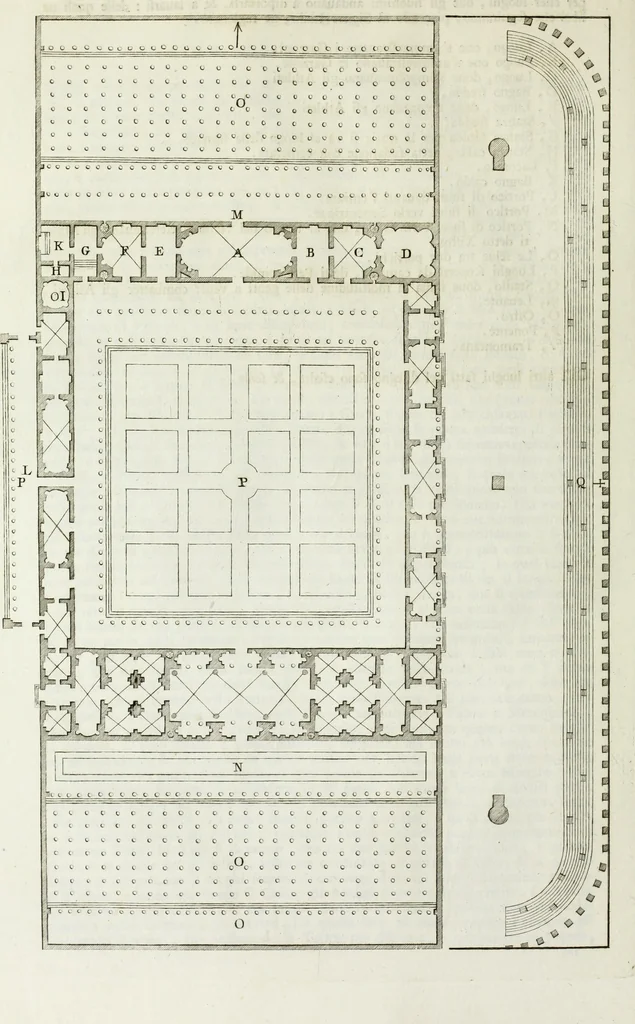 An illustration from I qvattro libri dell'architettvra di Andrea Palladio : ne' quali, dopo un breue trattato de' cinque ordini, & di quelli auertimenti, che sono piu necessarii nel fabricare; si tratta delle case private, delle vie, de i ponti, delle piazze, de i xisti, et de' tempij, 1771, leaf 195