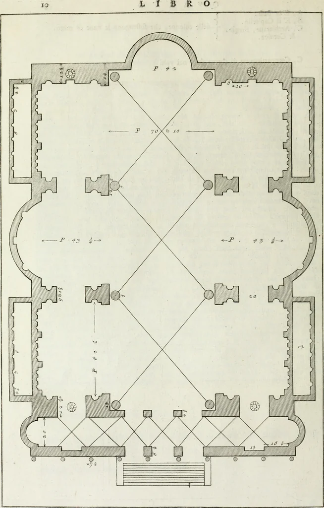 An illustration from I qvattro libri dell'architettvra di Andrea Palladio : ne' quali, dopo un breue trattato de' cinque ordini, & di quelli auertimenti, che sono piu necessarii nel fabricare; si tratta delle case private, delle vie, de i ponti, delle piazze, de i xisti, et de' tempij, 1771, leaf 209