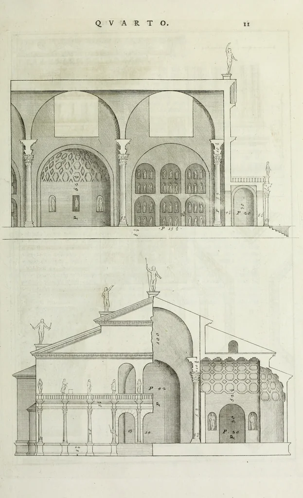 An illustration from I qvattro libri dell'architettvra di Andrea Palladio : ne' quali, dopo un breue trattato de' cinque ordini, & di quelli auertimenti, che sono piu necessarii nel fabricare; si tratta delle case private, delle vie, de i ponti, delle piazze, de i xisti, et de' tempij, 1771, leaf 210