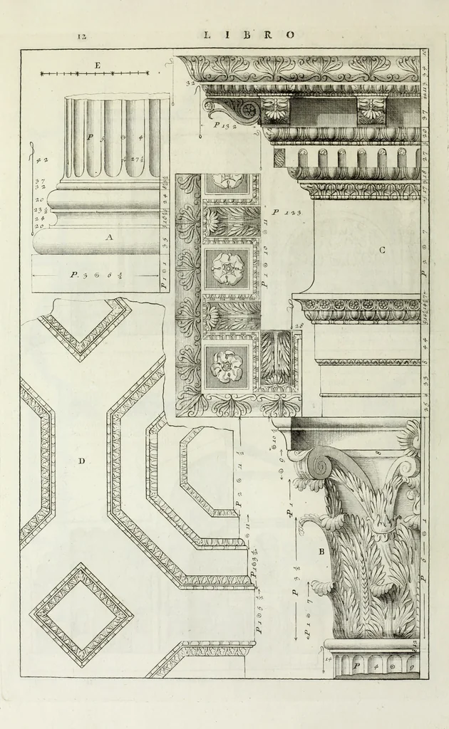 An illustration from I qvattro libri dell'architettvra di Andrea Palladio : ne' quali, dopo un breue trattato de' cinque ordini, & di quelli auertimenti, che sono piu necessarii nel fabricare; si tratta delle case private, delle vie, de i ponti, delle piazze, de i xisti, et de' tempij, 1771, leaf 211