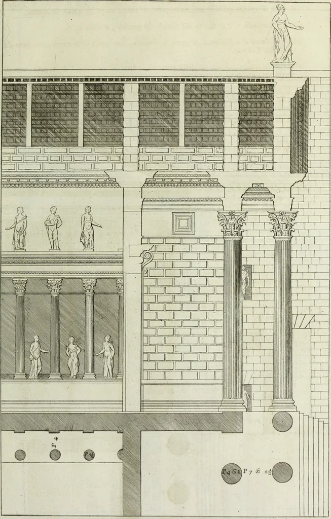 An illustration from I qvattro libri dell'architettvra di Andrea Palladio : ne' quali, dopo un breue trattato de' cinque ordini, & di quelli auertimenti, che sono piu necessarii nel fabricare; si tratta delle case private, delle vie, de i ponti, delle piazze, de i xisti, et de' tempij, 1771, leaf 214