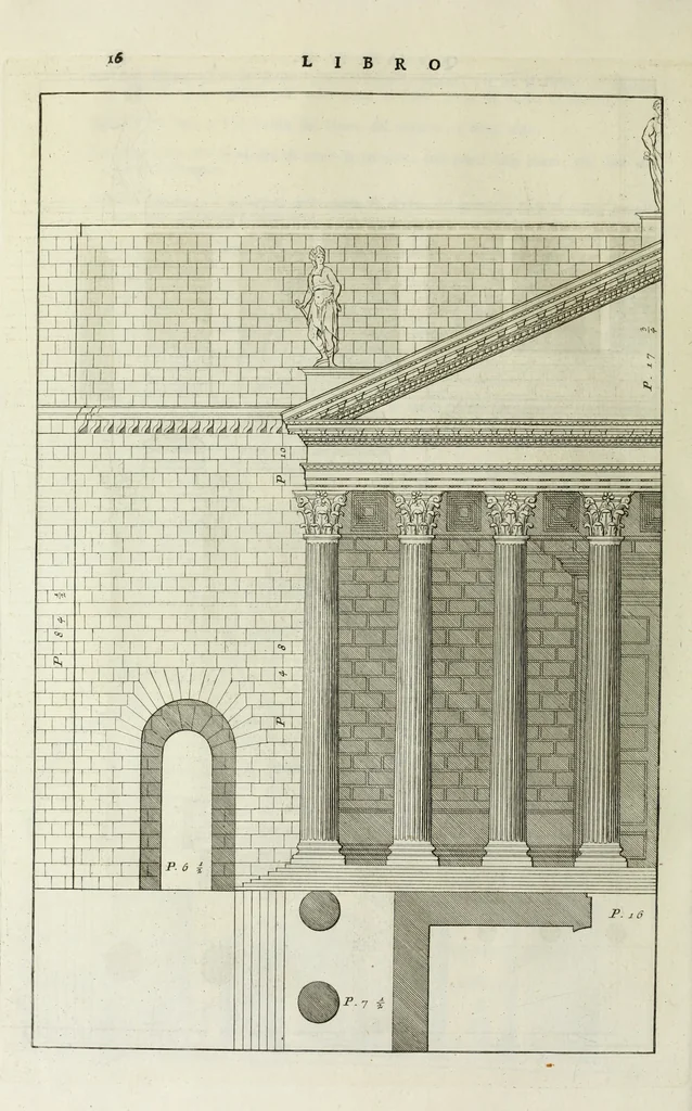 An illustration from I qvattro libri dell'architettvra di Andrea Palladio : ne' quali, dopo un breue trattato de' cinque ordini, & di quelli auertimenti, che sono piu necessarii nel fabricare; si tratta delle case private, delle vie, de i ponti, delle piazze, de i xisti, et de' tempij, 1771, leaf 215