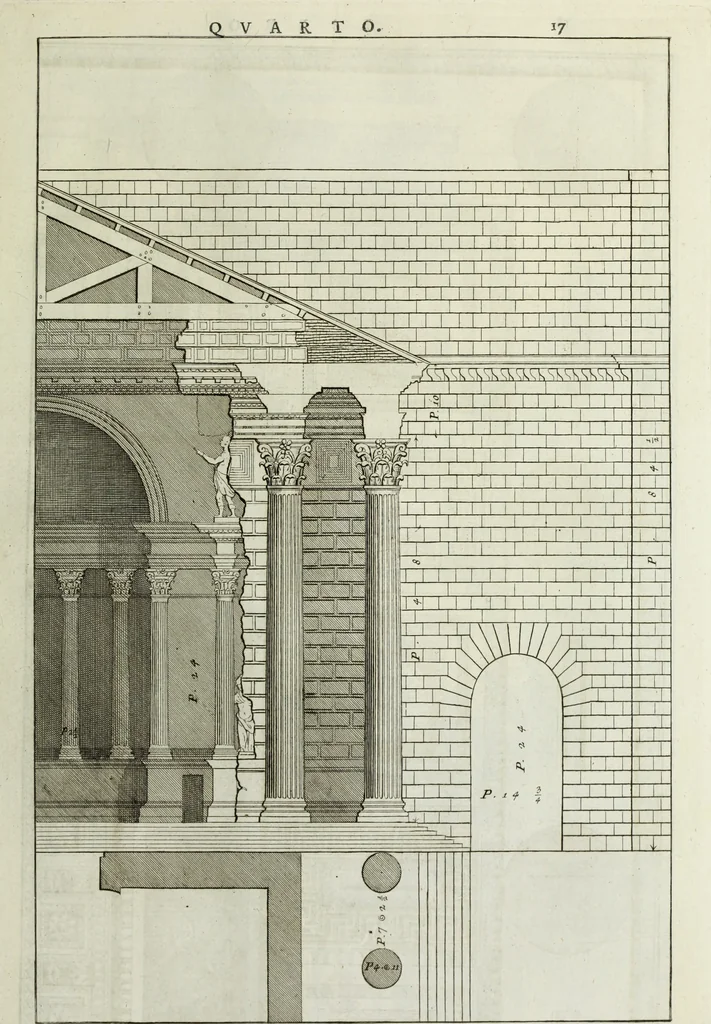 An illustration from I qvattro libri dell'architettvra di Andrea Palladio : ne' quali, dopo un breue trattato de' cinque ordini, & di quelli auertimenti, che sono piu necessarii nel fabricare; si tratta delle case private, delle vie, de i ponti, delle piazze, de i xisti, et de' tempij, 1771, leaf 216