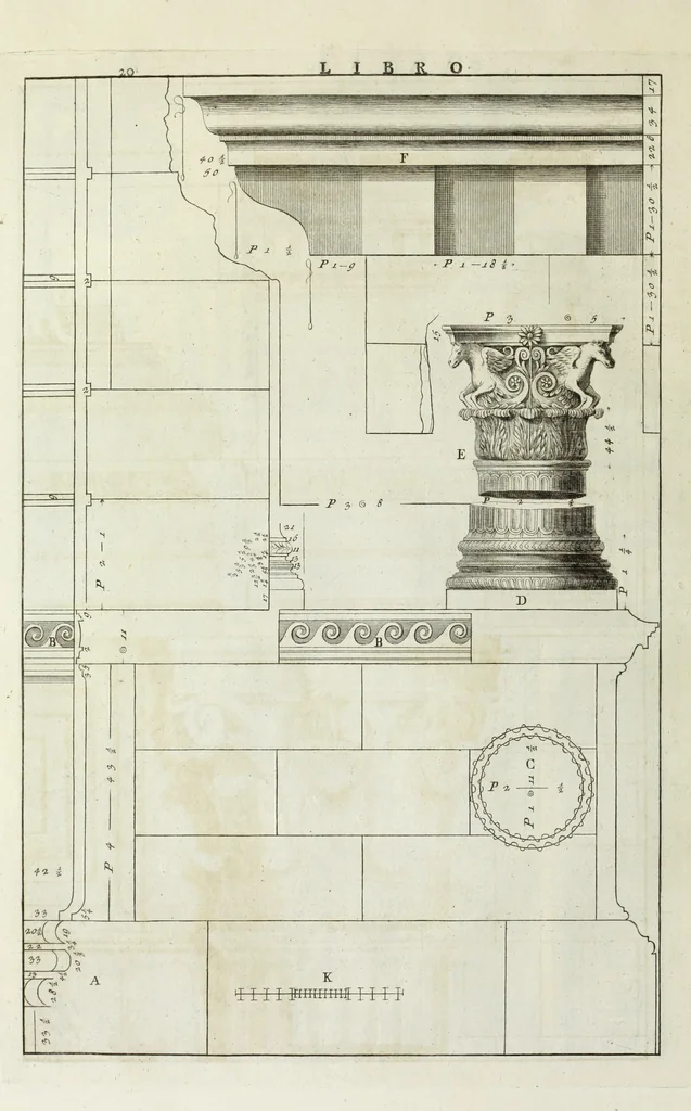 An illustration from I qvattro libri dell'architettvra di Andrea Palladio : ne' quali, dopo un breue trattato de' cinque ordini, & di quelli auertimenti, che sono piu necessarii nel fabricare; si tratta delle case private, delle vie, de i ponti, delle piazze, de i xisti, et de' tempij, 1771, leaf 219