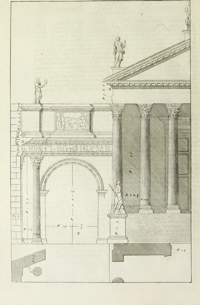 An illustration from I qvattro libri dell'architettvra di Andrea Palladio : ne' quali, dopo un breue trattato de' cinque ordini, & di quelli auertimenti, che sono piu necessarii nel fabricare; si tratta delle case private, delle vie, de i ponti, delle piazze, de i xisti, et de' tempij, 1771, leaf 221